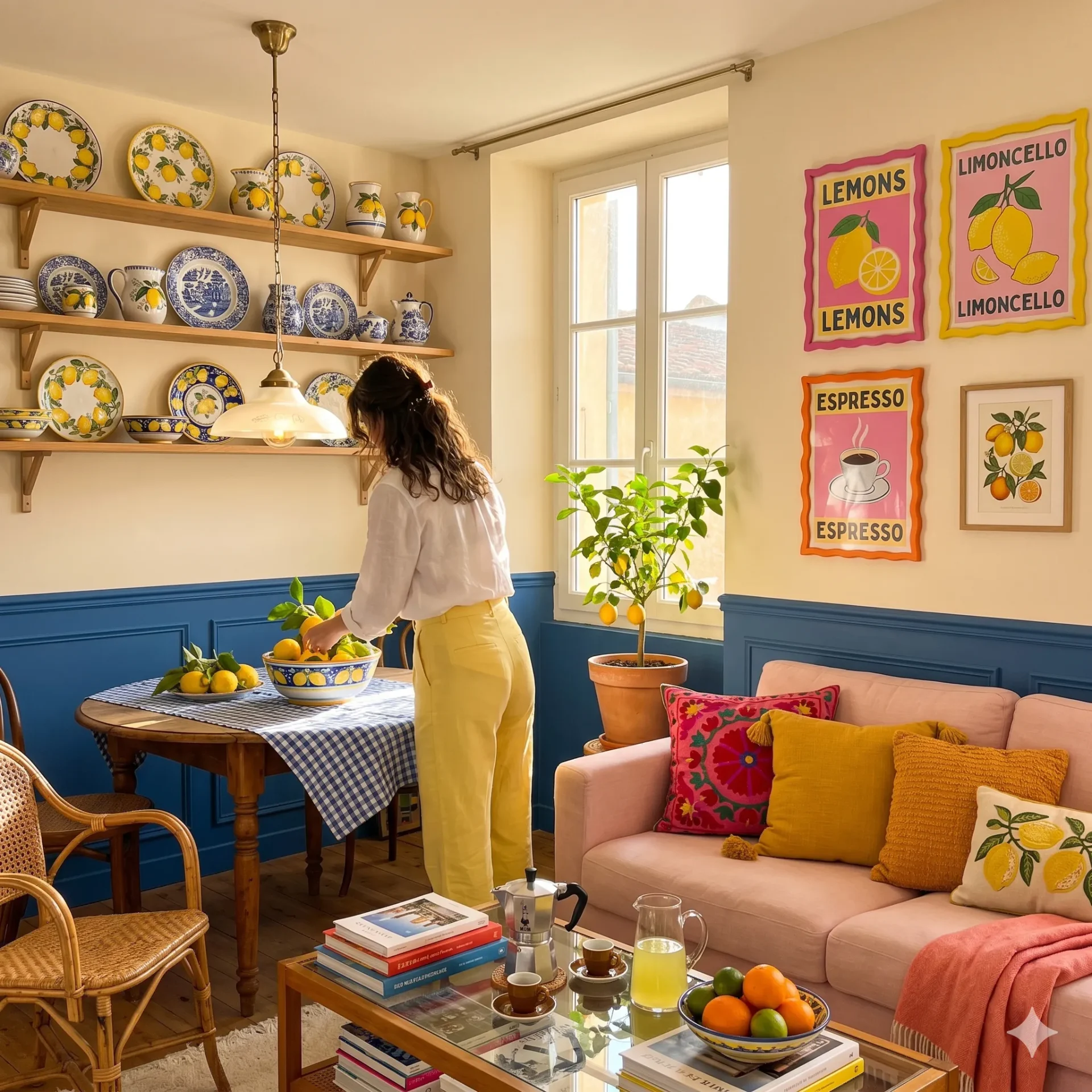 Ambiance Dolce Vita : Citrons sur la nappe, faïences au mur, dolce far niente.