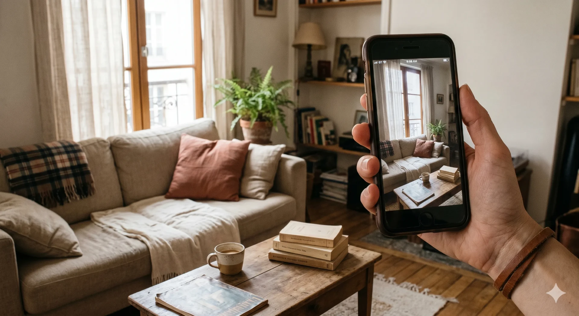 Téléphone capturant une photo d'un salon habité